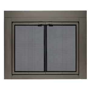 UniFlame - Roman - Bi-fold Style Fireplace Doors with Smoke Tempered Glass (Color: Gunmetal, Size: Large - Fits 36in to 43in W x 25.5in to 32.5in H)
